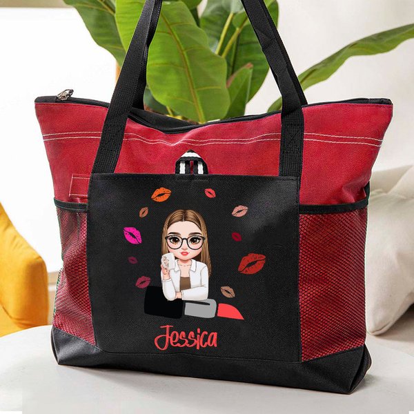 Borsa tote personalizzata in tela con nome disegno rossetto e personaggio cartone animato tasca in rete regalo di compleanno e viaggio per donne