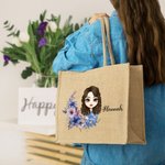 Personalized Birth Flower Cartoon Character Reusable Jute Tote Bag with Name Birthday Gift for Women