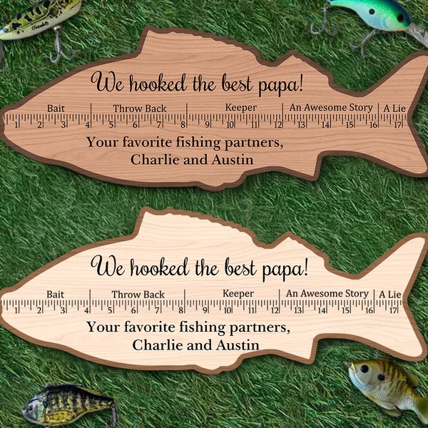 Règle personnalisée en forme de poisson en tilleul avec texte Fournitures de pêche Cadeau d'anniversaire de fête des pères amusant pour papa