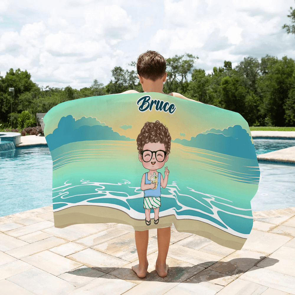 Personalized Cartoon Kid Character Beach Towel with Name, Quick Dry Microfiber Bath Towel for Beach/Pool Party, Summer Accessory, Gift for Boys/Girls