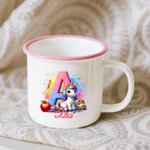 Taza esmaltada personalizada con unicornio de fantasía nombre e inicial de 355 ml regalo de cumpleaños y regreso a la escuela para niños
