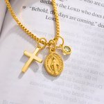 Personalizada Virgen María Cruz Collar con Piedra de Nacimiento Dainty Joyería Cumpleaños Religioso Bautizo Regalo para Mujeres Cristianas