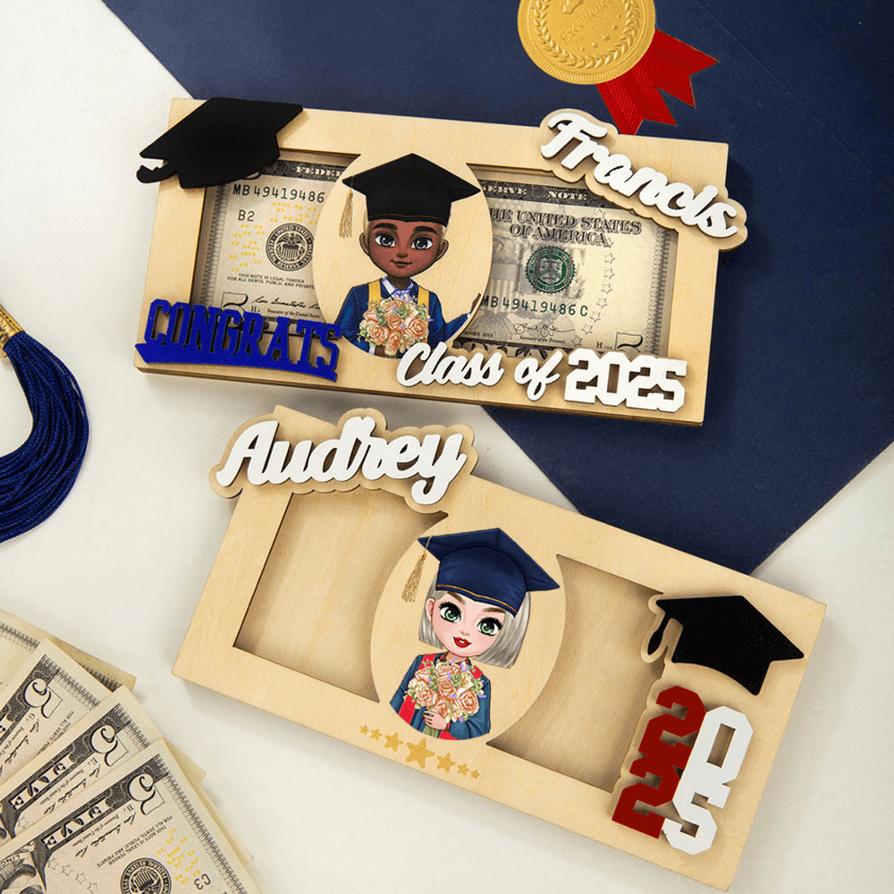 Personalized Graduation Clipart Wooden Cash Holder with Name and Year, Graduation Congratulation Money Holder, Graduation Souvenir, Gift for Graduates