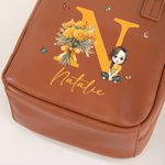 Personalised Birth Flower Cartoon Character PU Leather Makeup Bag with Handle and Travel Anniversary Birthday Gift for Women