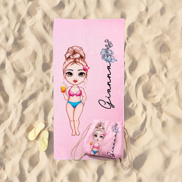 Personalized Birth Flower Cartoon Character Quick Dry Oversized 2 in 1 Backpack Beach Towel with Name Party Travel Birthday Gift for Family Friends