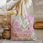 Personalisierte Bunte-Blumen Große Canvas Tragetasche mit Namen Alltag Urlaub Geburtstag Jahrestag Geschenk für Damen Mädchen