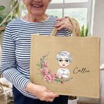 Personalized Birth Flower Cartoon Character Reusable Jute Tote Bag with Name Birthday Gift for Women