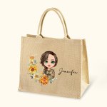 Personalized Birth Flower Cartoon Character Reusable Jute Tote Bag with Name Birthday Gift for Women