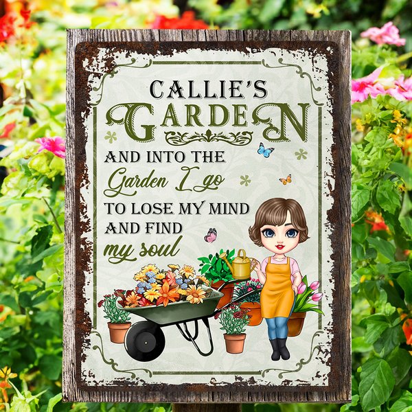 Personalized Retro Cartoon Gardening Character Vertical Metal Sign with Name Garden Decor Birthday Housewarming Gift for Grandma Mom Family