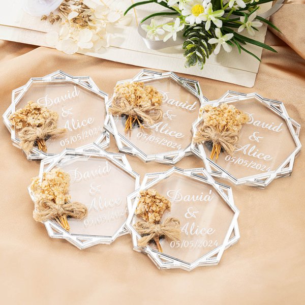 Personalized Dried Flowers Wedding Acrylic Magnet with Couple's Name Bridal Shower Wedding Invitation for Guest