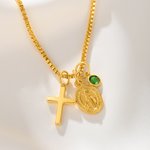Personalizada Virgen María Cruz Collar con Piedra de Nacimiento Dainty Joyería Cumpleaños Religioso Bautizo Regalo para Mujeres Cristianas