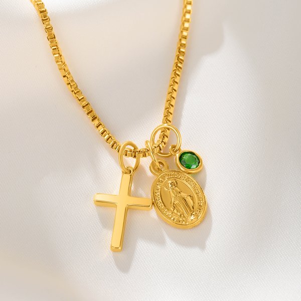 Personalizada Virgen María Cruz Collar con Piedra de Nacimiento Dainty Joyería Cumpleaños Religioso Bautizo Regalo para Mujeres Cristianas