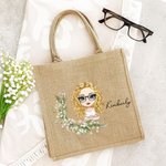 Personalized Birth Flower Cartoon Character Reusable Jute Tote Bag with Name Birthday Gift for Women