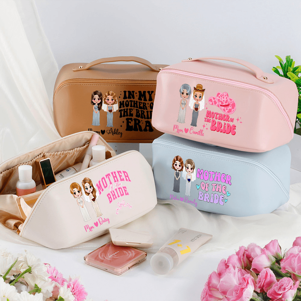 Personalized Mother of the Bride Clipart Cosmetic Bag with Name, Leather Travel Makeup Bag with Handle and Multiple Compartments, Wedding Gift for Mom