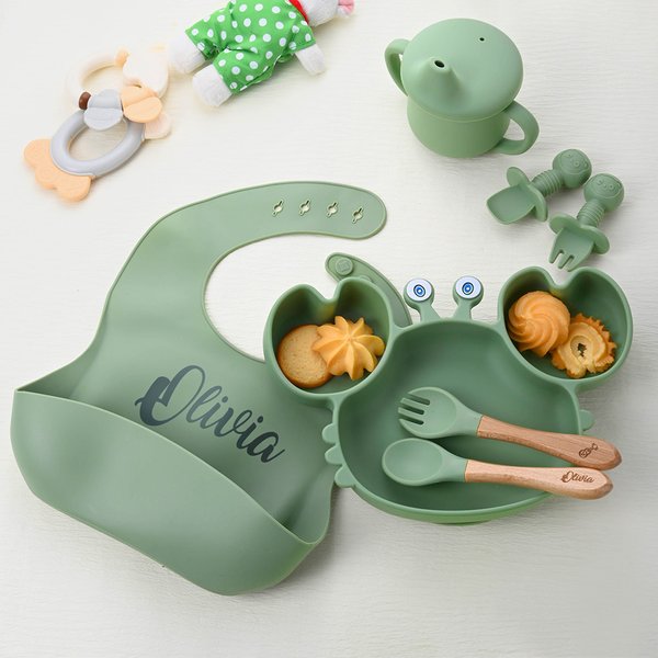 Personalized Food Grade Silicone Baby Feeding Set with Crab Shape Divided Suction Plate Baby Led Weaning Supplies for Kid Toddler Dinnerware