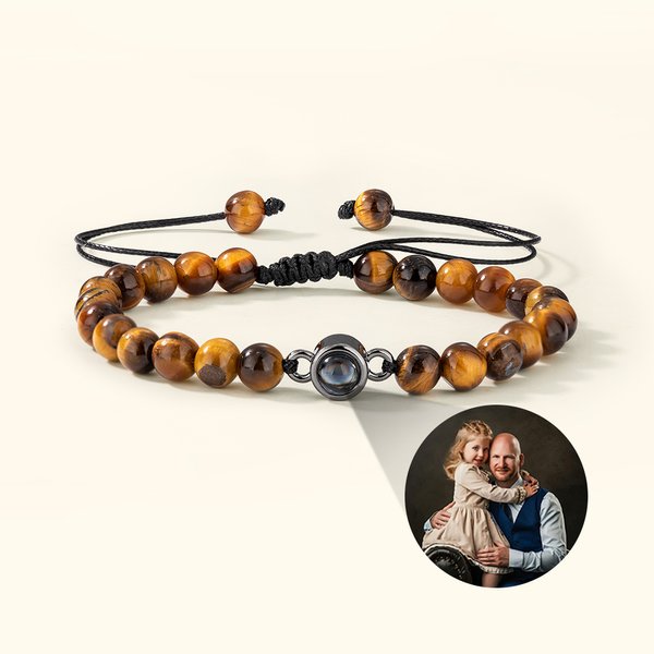 Bracelet de Projection Personnalisé avec Photo Perles Œil-de-tigre Typiques Cadeau d'Anniversaire Saint-Valentin pour Homme