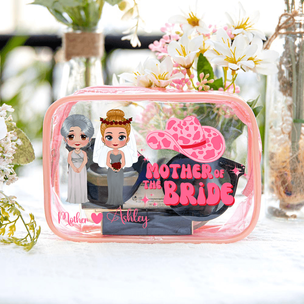 Personalized Cartoon Mother of the Bride Clipart Colorful Clear Makeup Bag with Name and 4 Designs, Travel Essentials, Wedding Gift for Mom