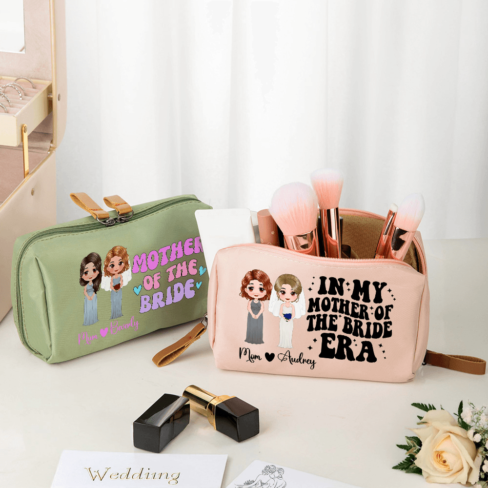 Personalized Name & Mother of the Bride Clipart Makeup Bag with Handle and Multiple Compartments, Travel Essentials, Wedding Gift for Mom