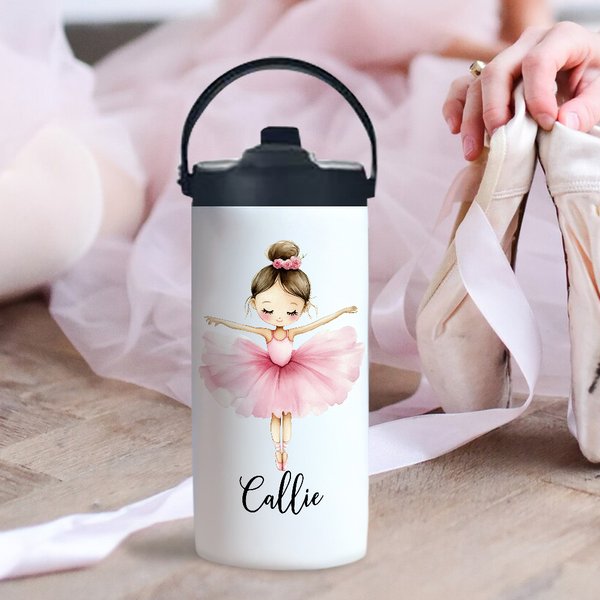 Personalized Cartoon Ballet Girl Name 15 oz Food Grade Stainless Steel Water Bottle with Straw Dance Team Birthday Gift for Ballerina Girl