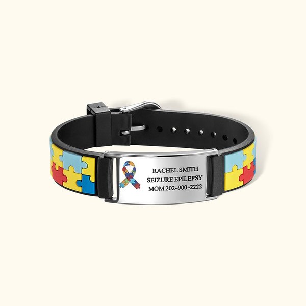 Bracciale di allarme medico personalizzato con nome inciso sensibilizzazione sull’autismo regalo di compleanno e rientro a scuola per bambini e adulti