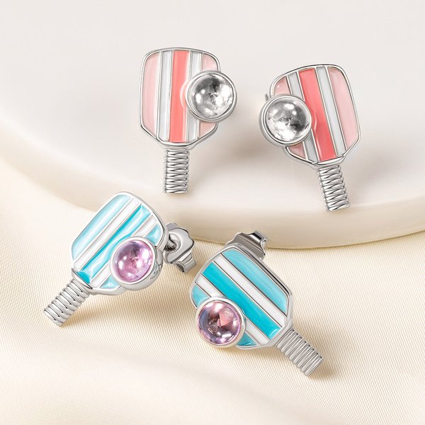 Personalizada Piedra de nacimiento Rosa Azul Rayado Pickleball Paddle Esmalte Stud Pendientes Dainty Joyería Cumpleaños Deportes Game Day Regalo para las mujeres