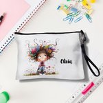 Personalized Cute Quirky Girl Makeup Bag with Name and Wrist Strap Travel Essentials Birthday Gift for Women