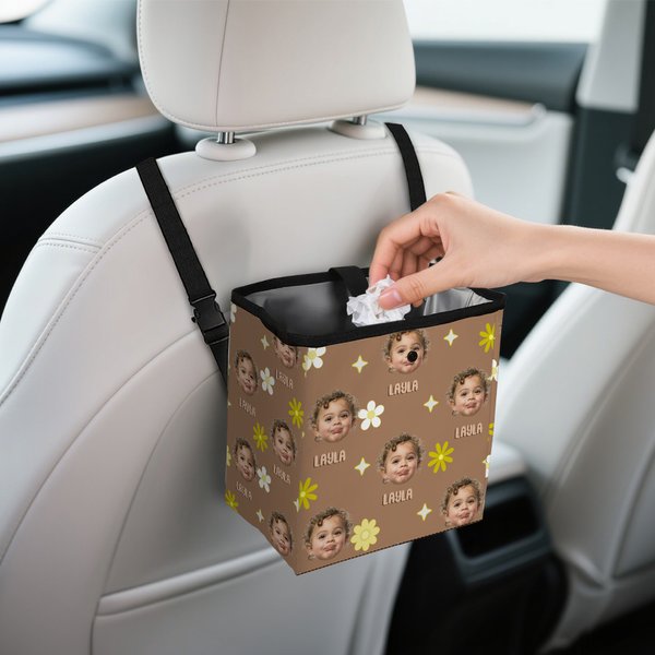 Personalized Face Photo Flower Car Trash Can with Name Car Supplies Anniversary Birthday Gift for Family Friends