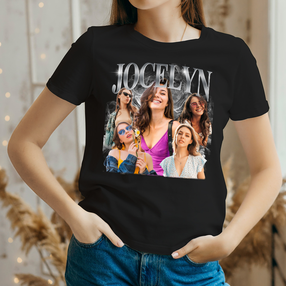 Personalisierte Retro Bootleg Rap T-Shirt Sweatshirt mit Namen und 5 Fotos Freundschaft Geburtstag Geschenk für Damen