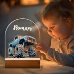 Personalized Cartoon Big Wheel Off-Road Truck Vehicle Name LED Night Light with Wooden Base and Adjustable 7 Colors Home Decor Birthday Gift for Kids
