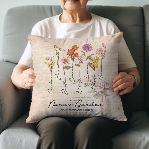 Personalised Family Watercolour Birth Flower Painting Cushion Throw Pillow Cover with 1-8 Names Mother's Day Birthday Gift for Grandma Mother