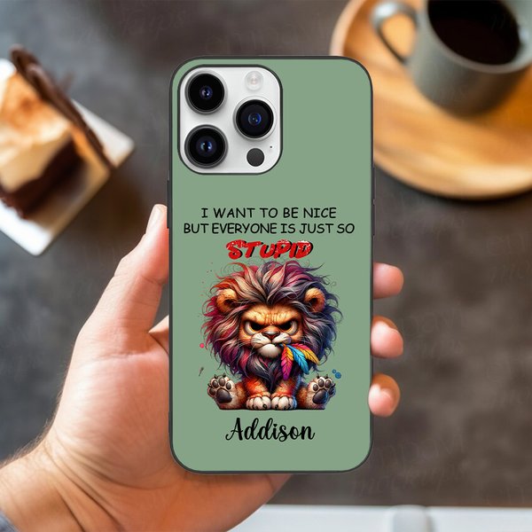 Personalised Cartoon Lion Fox Grumpy Animals Multicolor TPU Phone Case for iPhone with Name Funny Holiday Birthday Gift for Family Friends