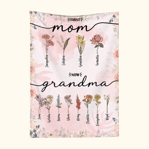 Gepersonaliseerde First Mom Now Grandma Geboortebloem Fleece Deken met Kindernamen Vrouwendag Moederdag Cadeau voor Oma Mamma