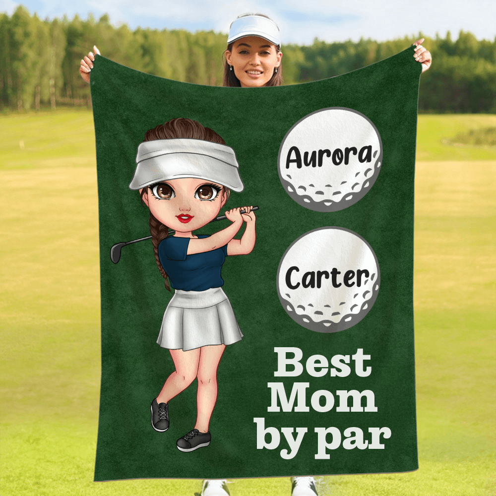 Personalized Cartoon Golf Player Clipart Blanket with Names, Multicolor Sports Throw Blanket for Couch/Bedroom Decor, Gift for Golfer Lover