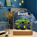 Personalized Cartoon Big Wheel Off-Road Truck Vehicle Name LED Night Light with Wooden Base and Adjustable 7 Colors Home Decor Birthday Gift for Kids