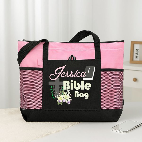 Biblia personalizada con cruz y flores Bolsa de iglesia con cremallera y nombre Accesorio religioso de gran capacidad Regalo para cristianos