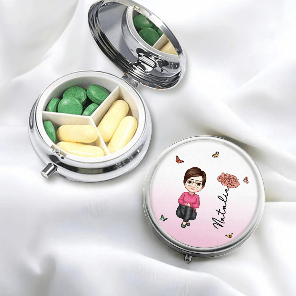 Personalized Cartoon Character Round Pill Box with Name & Birth Flower, Portable Pill Organizer with Mirror, Travel Essentials, Gift for Family/Friend