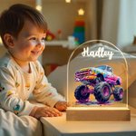 Personalized Cartoon Big Wheel Off-Road Truck Vehicle Name LED Night Light with Wooden Base and Adjustable 7 Colors Home Decor Birthday Gift for Kids