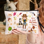 Personalized Cartoon Horse and Cowboy Girl Makeup Bag with Name and Wristlet Travel Accessories Horse Racing Birthday Gift for Women Horse Lovers