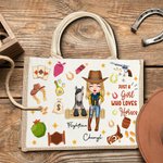 Personalized Cowgirl Horse Element Durable Jute Tote Bag with Name  Large Capacity Travel Accessories Birthday Gift for Women Horse Lovers