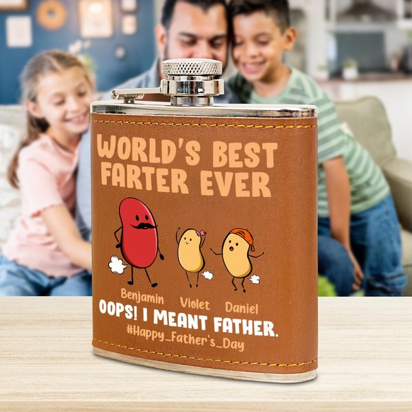 Personalised Cute Farting Bean 6 oz Stainless Steel Liquor Hip Flask with Leather Cover and 1-10 Names Father's Day Birthday Gift for Drinkers Dad