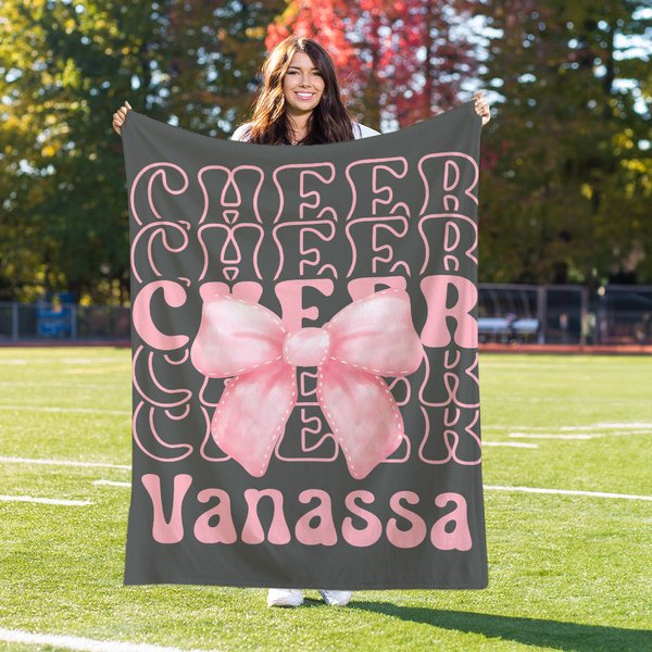 Personalisierte Cheer Pink Coquette Bogen weiche Decke mit Namen Home Decor Geburtstag Team Geschenk für Cheerleader Mädchen