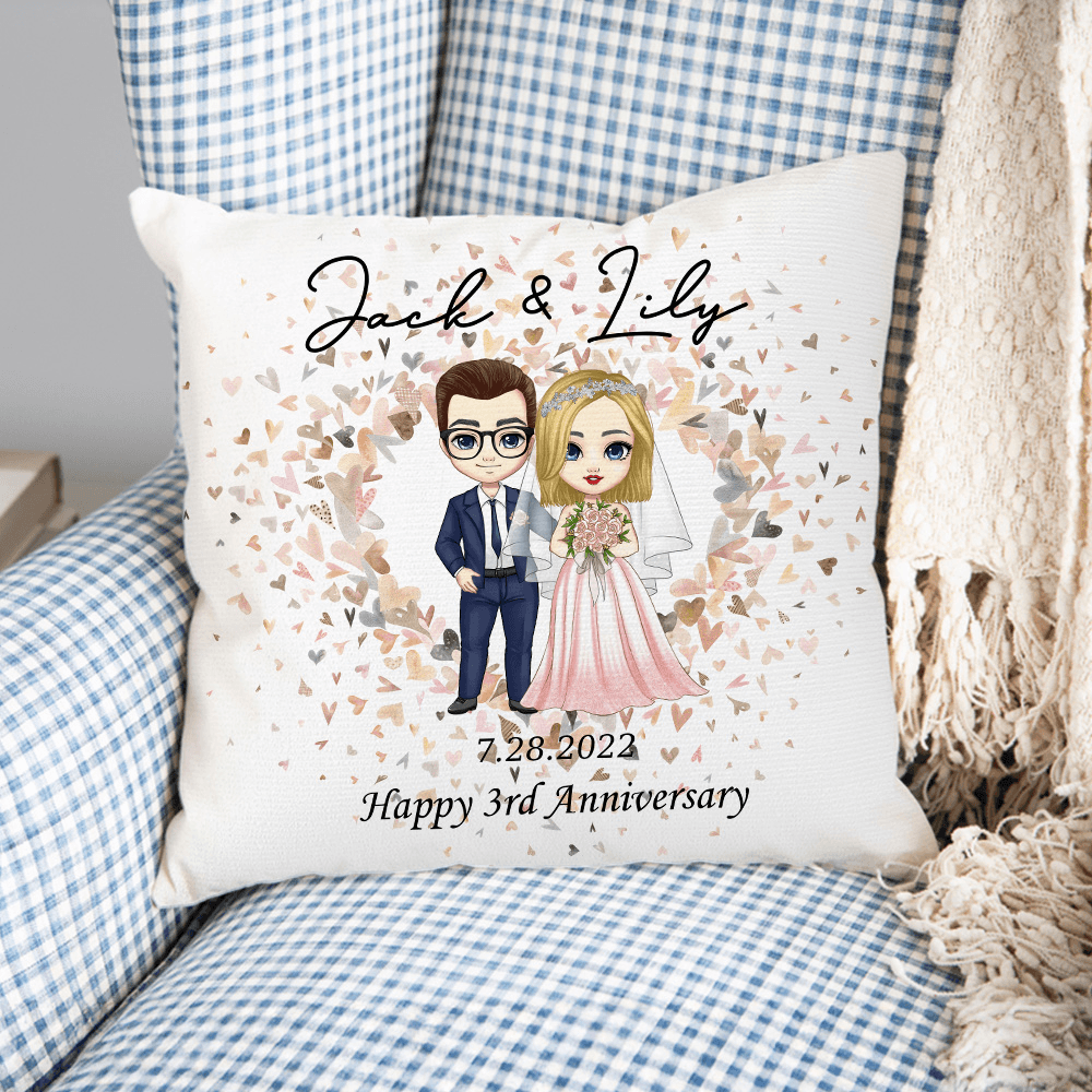 Personalized Cartoon Bride and Bridegroom Character Pillow Cover with Name and Wedding Date, Home Decor, Wedding/Anniversary Gift for Couples