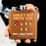 Personalised Cute Farting Bean 6 oz Stainless Steel Liquor Hip Flask with Leather Cover and 1-10 Names Father's Day Birthday Gift for Drinkers Dad