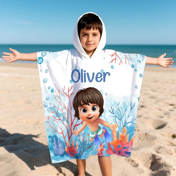Telo mare con cappuccio personalizzato con nome e motivo a scelta, tema mondo sottomarino, essenziale per spiaggia - Regalo per bambini