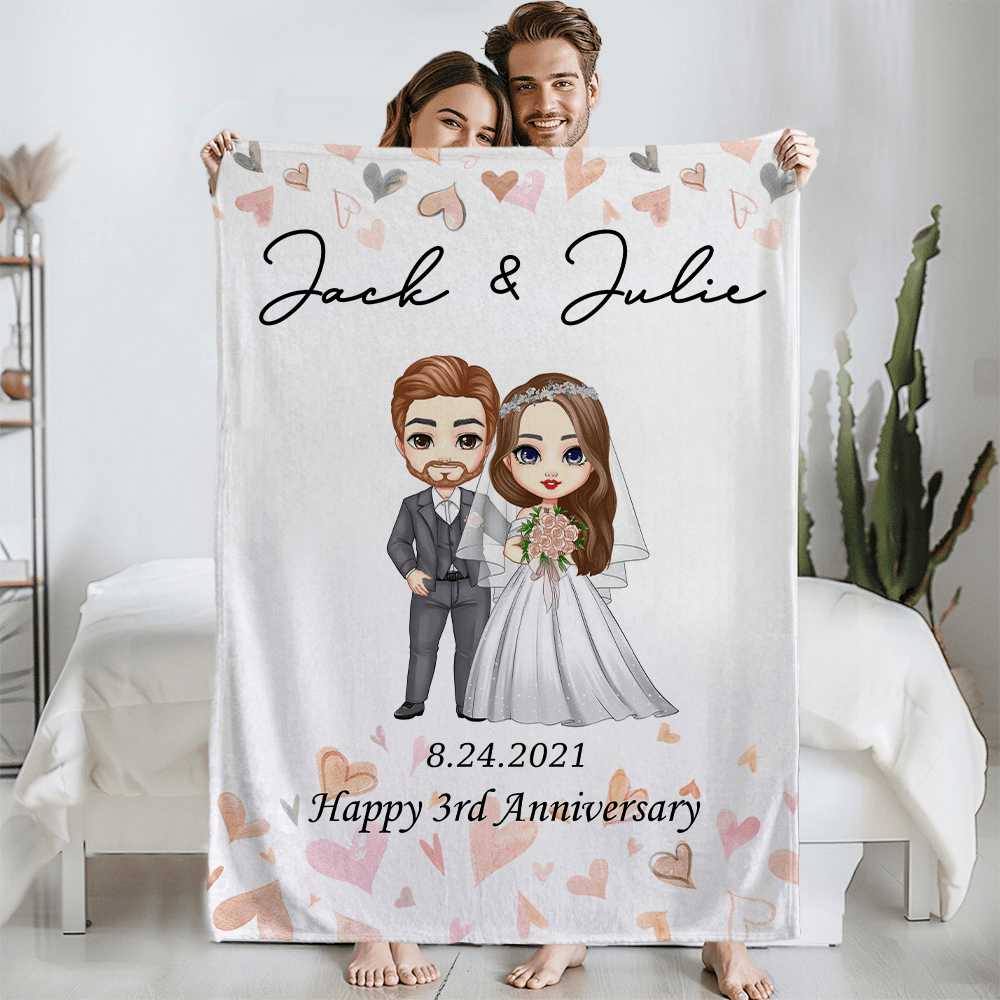 Personalized Cartoon Bride and Bridegroom Soft Throw Blanket with Name and Wedding Date, Wedding/Anniversary Gift for Couple