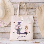 Borsa di tela personalizzata con nome e iniziale con bouquet di fiori di nascita personaggio in stile animato riutilizzabile grande regalo per donne