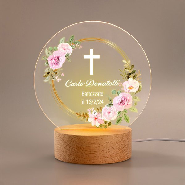 Luce notturna personalizzata a LED con testo e base in legno decorazione per la casa regalo di battesimo cresima o babyshower per bambini