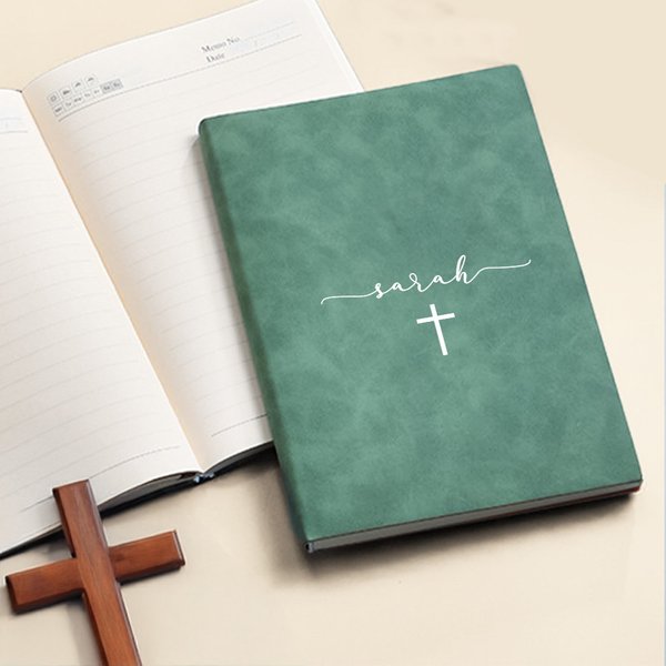 Gepersonaliseerd Lijnkruis PU Leren Notitieboekje met Naam en 200 Pagina's Opname Accessoires Verjaardag Religieus Doopcadeau voor Christenen