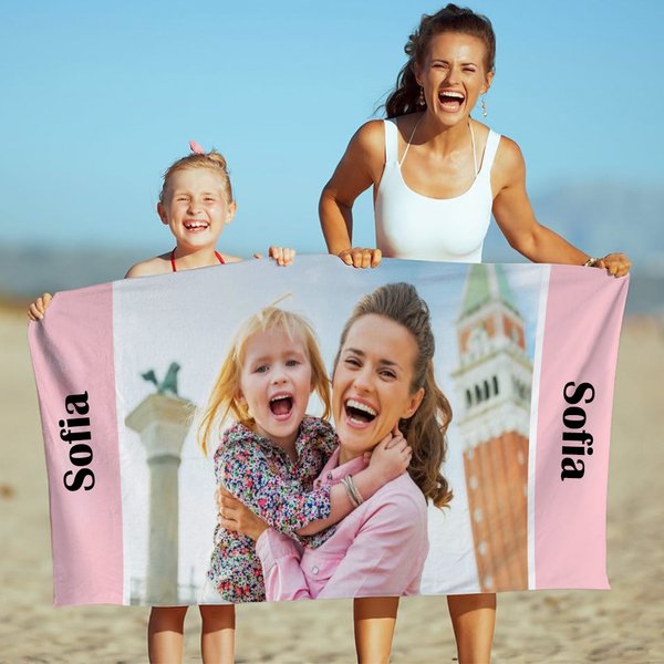 Telo mare personalizzato con foto e testo multicolore ad asciugatura rapida vacanze estive regalo per famiglia e bambini