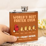 Personalised Cute Farting Bean 6 oz Stainless Steel Liquor Hip Flask with Leather Cover and 1-10 Names Father's Day Birthday Gift for Drinkers Dad